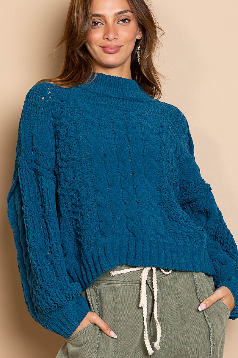 Balloon Sleeve Cable Knit Sweater Ocean Blue