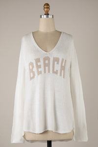 "BEACH" V Neck Sweater White