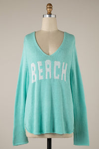 "BEACH" V Neck Sweater Aqua/White