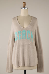 "BEACH" V Neck Sweater Beige/Jade