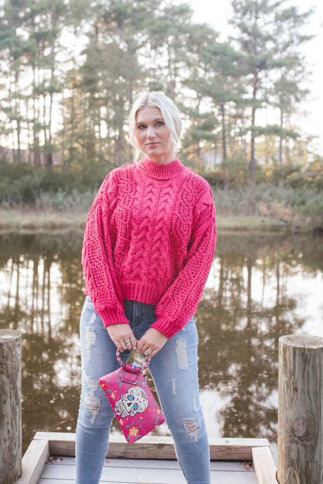 Balloon Sleeve Cable Knit Sweater Magenta