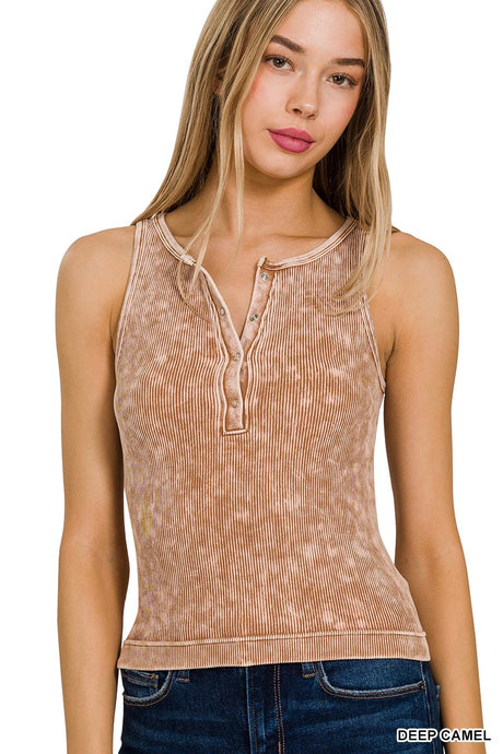 Washed to Wear Button Top Deep Camel