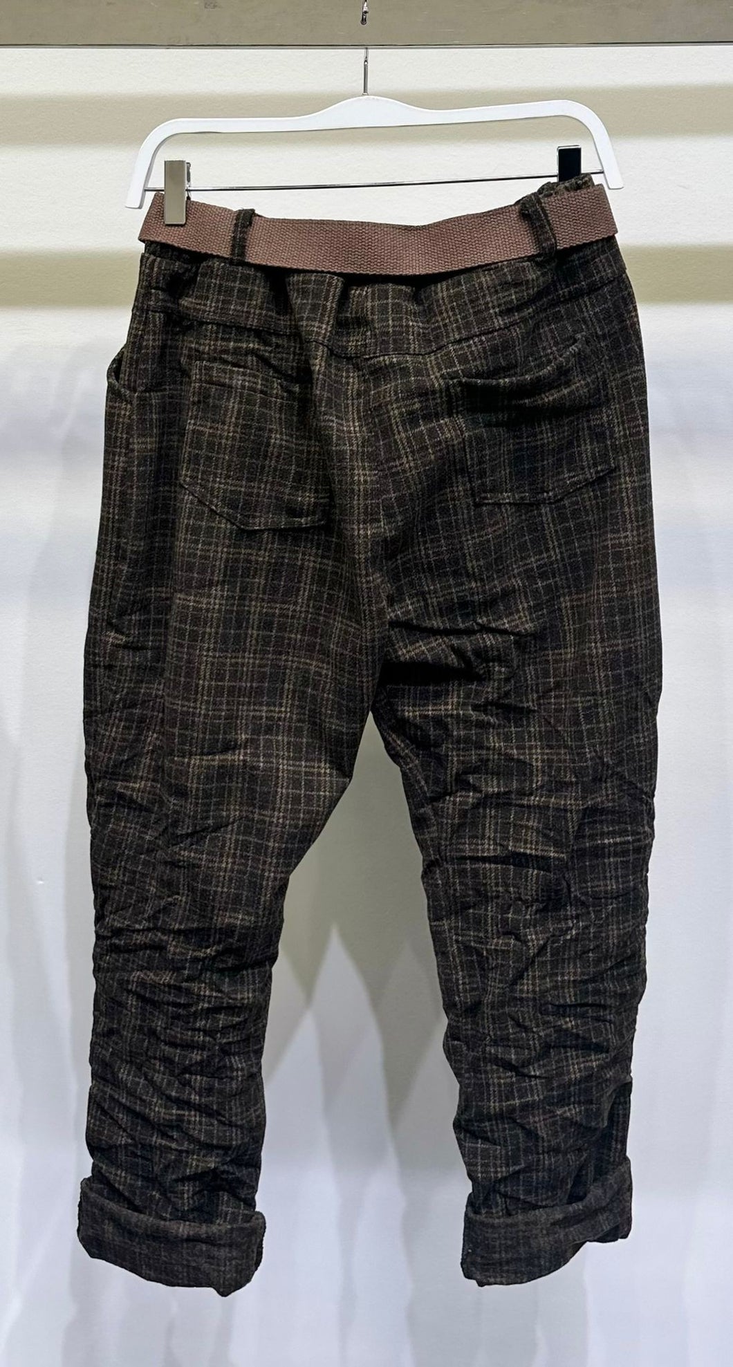 Plaid Crinkle Joggers Brown