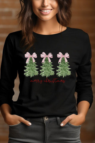 Pink Bow Christmas Trees L/S Tee Black