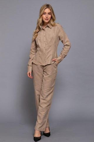 Feminine But Fierce Faux Suede Shirt Taupe