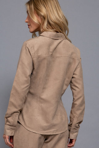 Feminine But Fierce Faux Suede Shirt Taupe