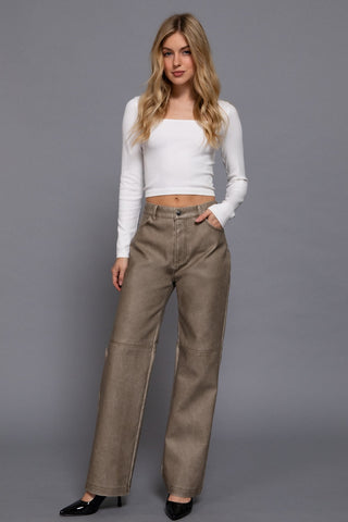 Living On The Edge Faux Leather Pants Taupe