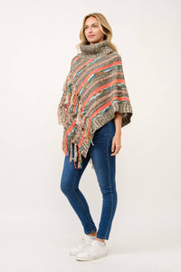 Sandy Knitted Fringe Pullover Poncho: Rust Multi