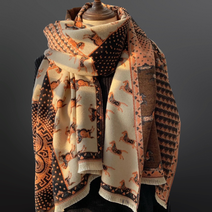 Prancing Pony Equestrian Horse Print Scarf: Orange/Black