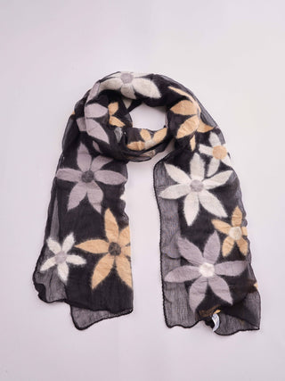 Floral Felt/Silk Scarf Black