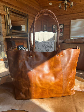 Crinkle Leather Newmarket Braided Handle Tote Bag