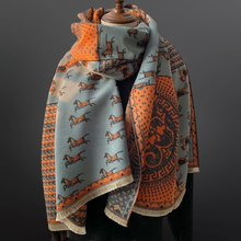 Prancing Pony Equestrian Horse Print Scarf: Blue/Orange