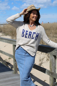 "BEACH' V Neck Sweater Beige/Blue