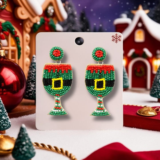 Elf Fell Off The Shelf Wine Glass Beaded Earrings Green