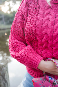 Balloon Sleeve Cable Knit Sweater Magenta
