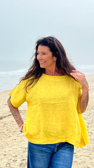 Back Slit Linen Top Saffron