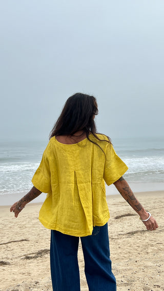 Back Slit Linen Top Saffron