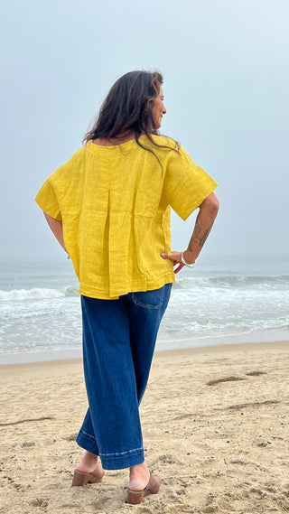 Back Slit Linen Top Saffron