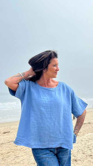 Back Slit Linen Top Blue