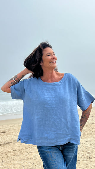 Back Slit Linen Top Blue