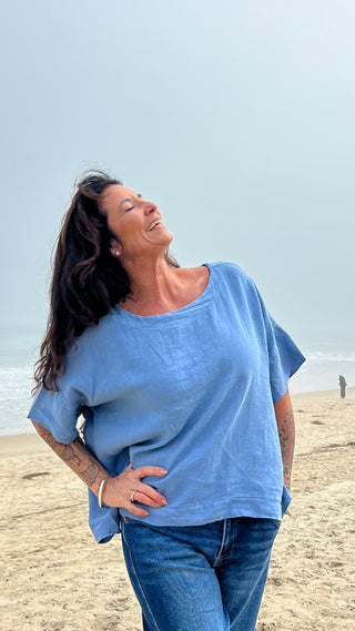 Back Slit Linen Top Blue