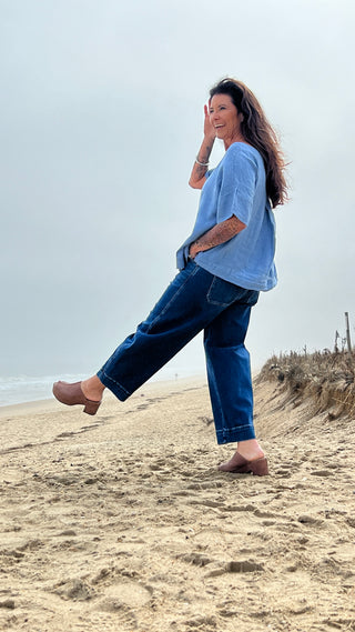 Back Slit Linen Top Blue