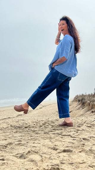 Back Slit Linen Top Blue