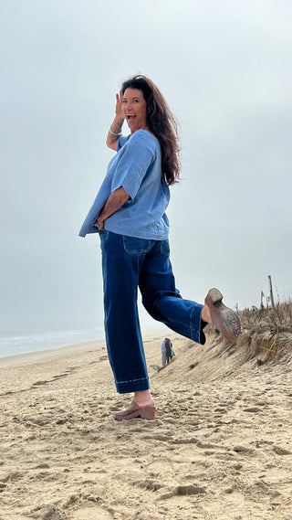 Back Slit Linen Top Blue