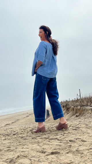 Back Slit Linen Top Blue