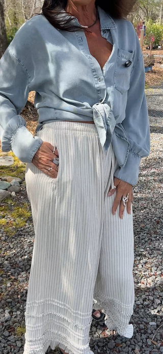 Pinstripe ruffle pants