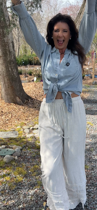 Pinstripe ruffle pants