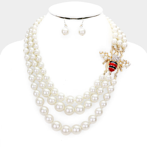 Triple Pearls Layer Bee Necklace