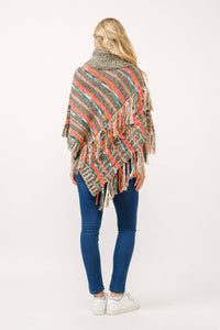 Sandy Knitted Fringe Pullover Poncho: Rust Multi