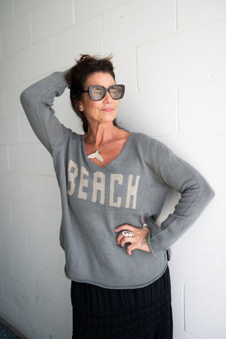 "BEACH" V neck Sweater Sage