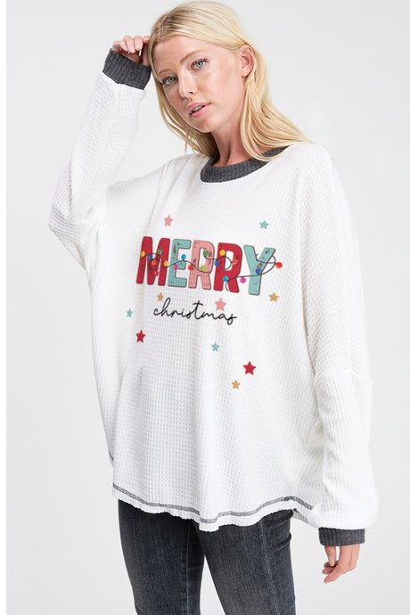 Merry Christmas Waffle Knit Top Iv/Ch