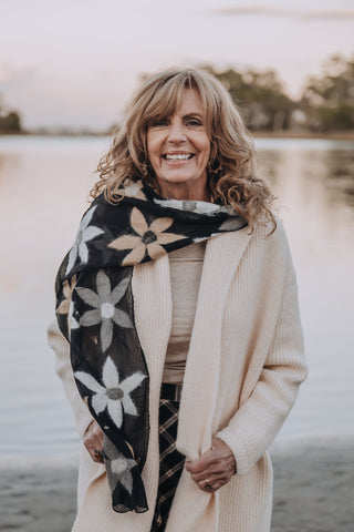 Floral Felt/Silk Scarf Black