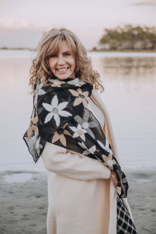 Floral Felt/Silk Scarf Black