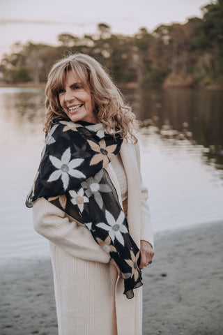 Floral Felt/Silk Scarf Black