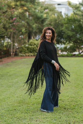Holy Smokes Fringe Poncho Blk O/S