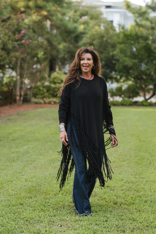Holy Smokes Fringe Poncho Blk O/S