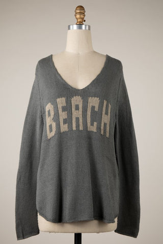 "BEACH" V neck Sweater Sage