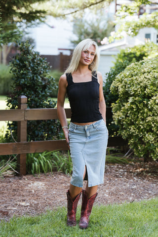 Light Washed Denim Midi Skirt
