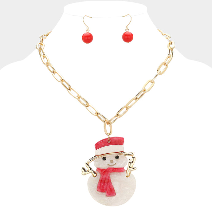 Glittery snowman pendant necklace set