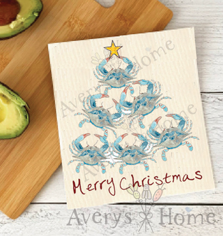 Blue Crab Merry Christmas Tree Coastal Swedish Dishcloth