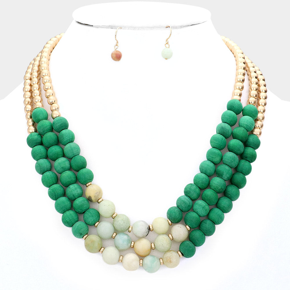 Triple Threat Wood Beaded Necklace Green/Gold