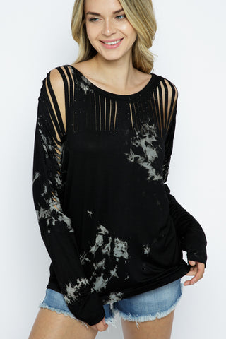 I've Been Clawed Tie Dyed Long Sleeve Top With Stones Black/Grey