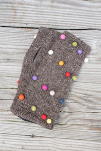 Pom Pom Fingerless Gloves Heather Chocolate