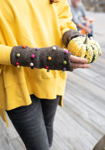 Pom Pom Fingerless Gloves Heather Chocolate