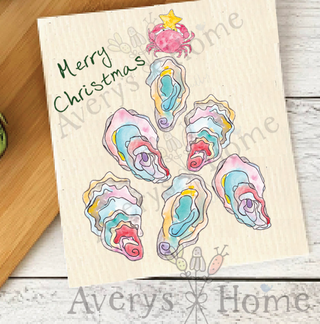 Oyster & Crab Merry Christmas Tree Coastal Swedish Dishcloth